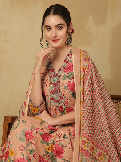 Women Embroidered Cotton Printed Ankle Length V-Neck Anarkali Kurta, Palazzo With Dupatta Set