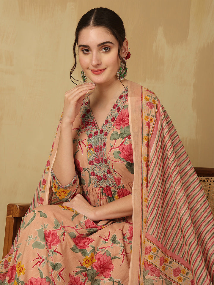 Women Embroidered Cotton Printed Ankle Length V-Neck Anarkali Kurta, Palazzo With Dupatta Set