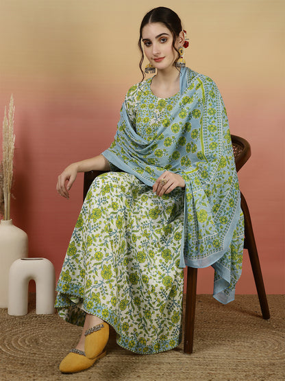 Women Cotton Printed Ankle Length V-Neck Anarkali Kurta, Palazzo With Dupatta Set