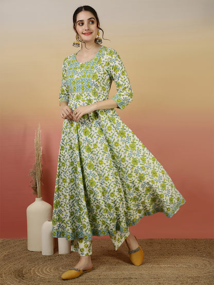 Women Cotton Printed Ankle Length V-Neck Anarkali Kurta, Palazzo With Dupatta Set