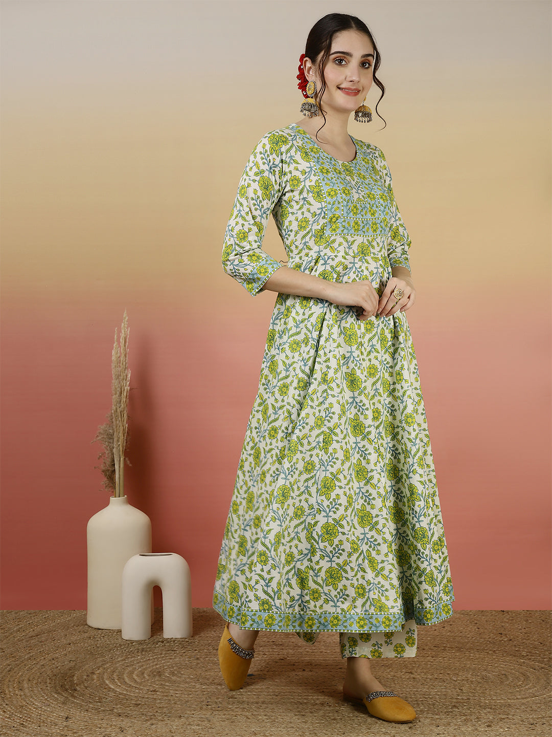 Women Cotton Printed Ankle Length V-Neck Anarkali Kurta, Palazzo With Dupatta Set