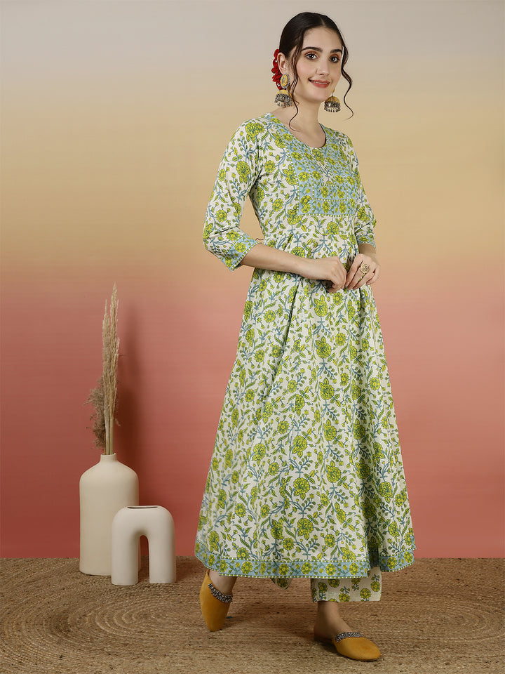 Women Cotton Printed Ankle Length V-Neck Anarkali Kurta, Palazzo With Dupatta Set
