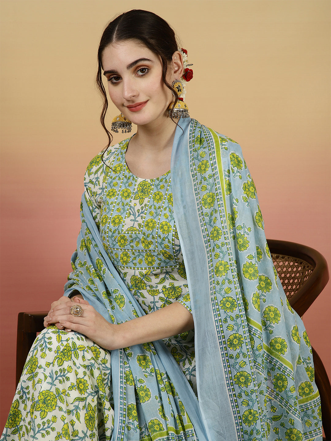 Women Cotton Printed Ankle Length V-Neck Anarkali Kurta, Palazzo With Dupatta Set