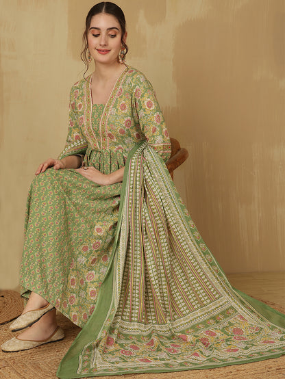 Women Cotton Printed Ankle Length V-Neck Anarkali Kurta, Palazzo With Dupatta Set