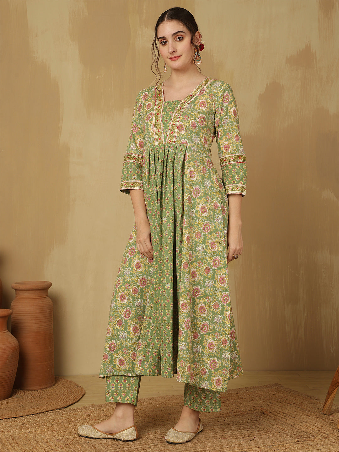 Women Cotton Printed Ankle Length V-Neck Anarkali Kurta, Palazzo With Dupatta Set