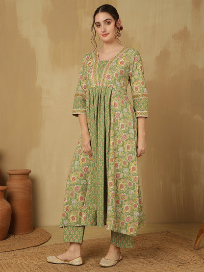 Women Cotton Printed Ankle Length V-Neck Anarkali Kurta, Palazzo With Dupatta Set