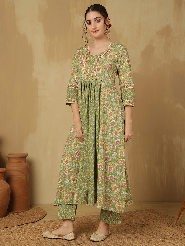 Women Cotton Printed Ankle Length V-Neck Anarkali Kurta, Palazzo With Dupatta Set