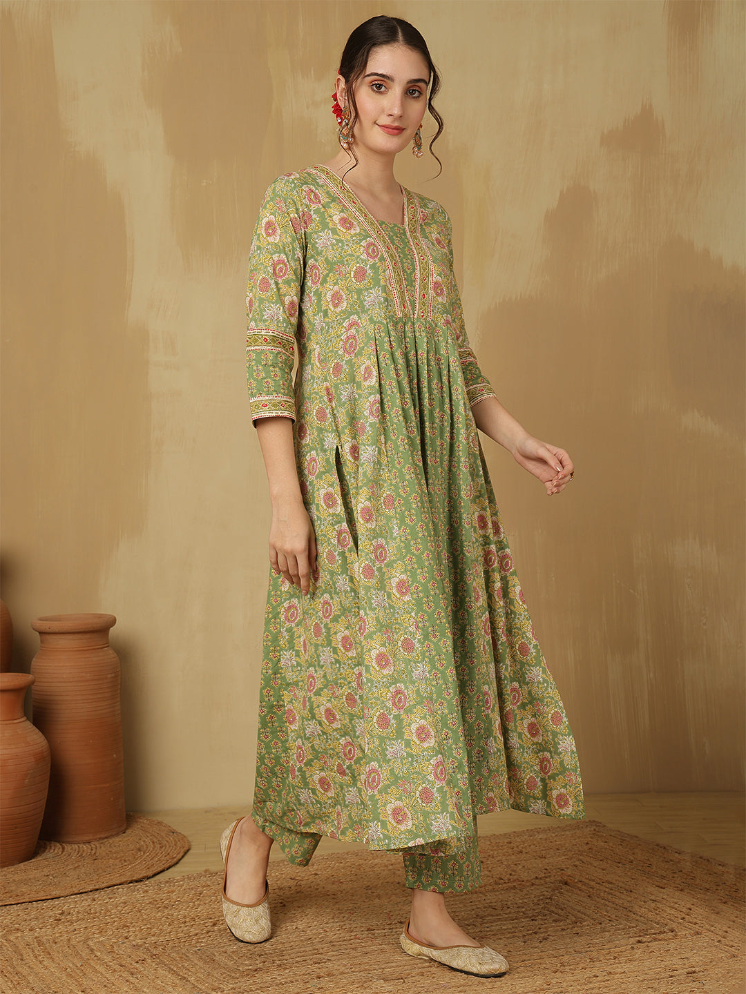 Women Cotton Printed Ankle Length V-Neck Anarkali Kurta, Palazzo With Dupatta Set