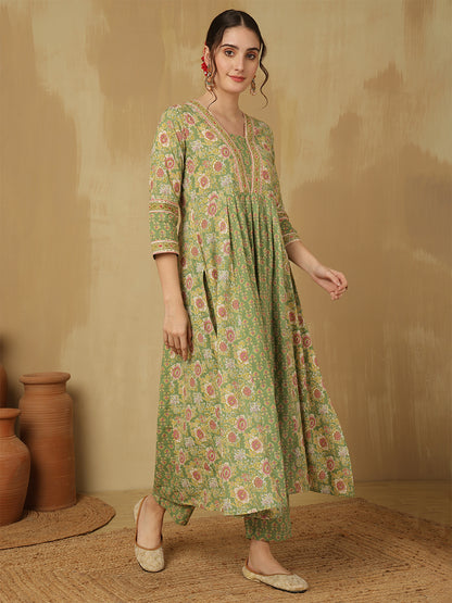 Women Cotton Printed Ankle Length V-Neck Anarkali Kurta, Palazzo With Dupatta Set