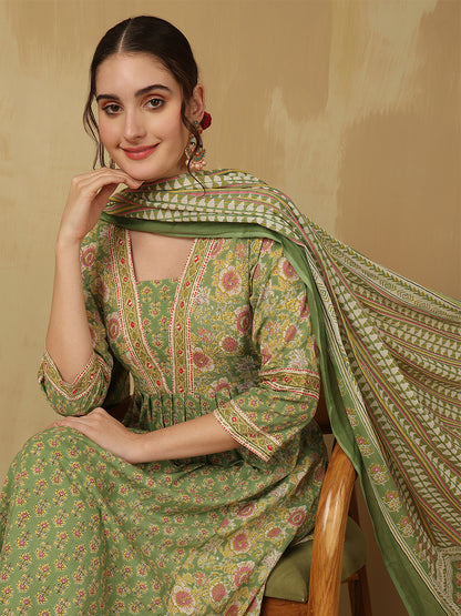 Women Cotton Printed Ankle Length V-Neck Anarkali Kurta, Palazzo With Dupatta Set