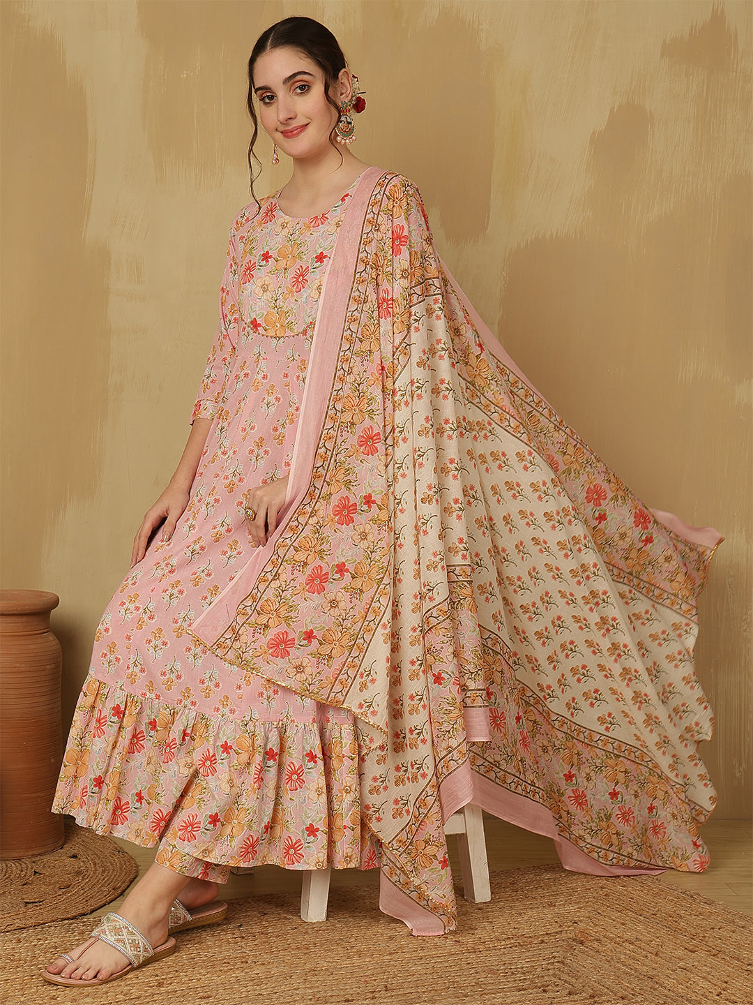 Women Cotton Printed Ankle Length Round Neck Anarkali Kurta, Palazzo With Dupatta Set