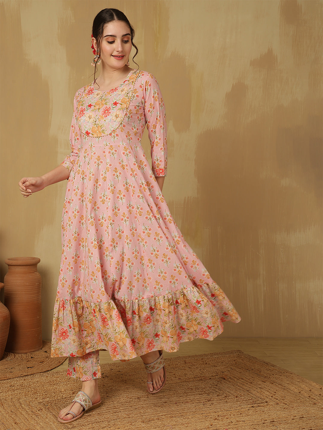 Women Cotton Printed Ankle Length Round Neck Anarkali Kurta, Palazzo With Dupatta Set