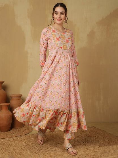 Women Cotton Printed Ankle Length Round Neck Anarkali Kurta, Palazzo With Dupatta Set