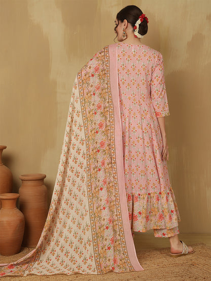 Women Cotton Printed Ankle Length Round Neck Anarkali Kurta, Palazzo With Dupatta Set