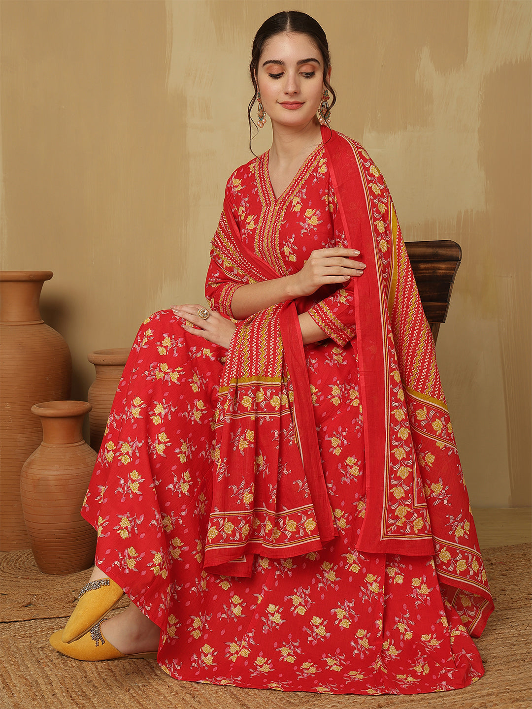 Women Cotton Printed Ankle Length V-Neck Anarkali Kurta, Palazzo With Dupatta Set