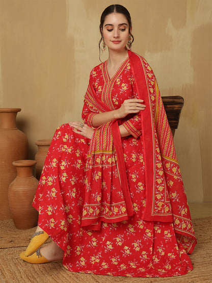 Women Cotton Printed Ankle Length V-Neck Anarkali Kurta, Palazzo With Dupatta Set