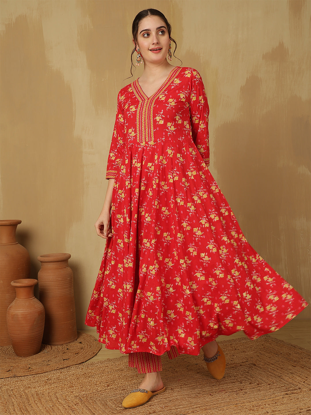 Women Cotton Printed Ankle Length V-Neck Anarkali Kurta, Palazzo With Dupatta Set