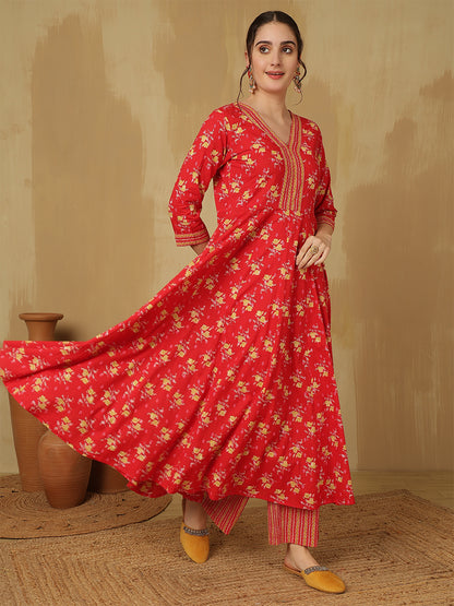 Women Cotton Printed Ankle Length V-Neck Anarkali Kurta, Palazzo With Dupatta Set