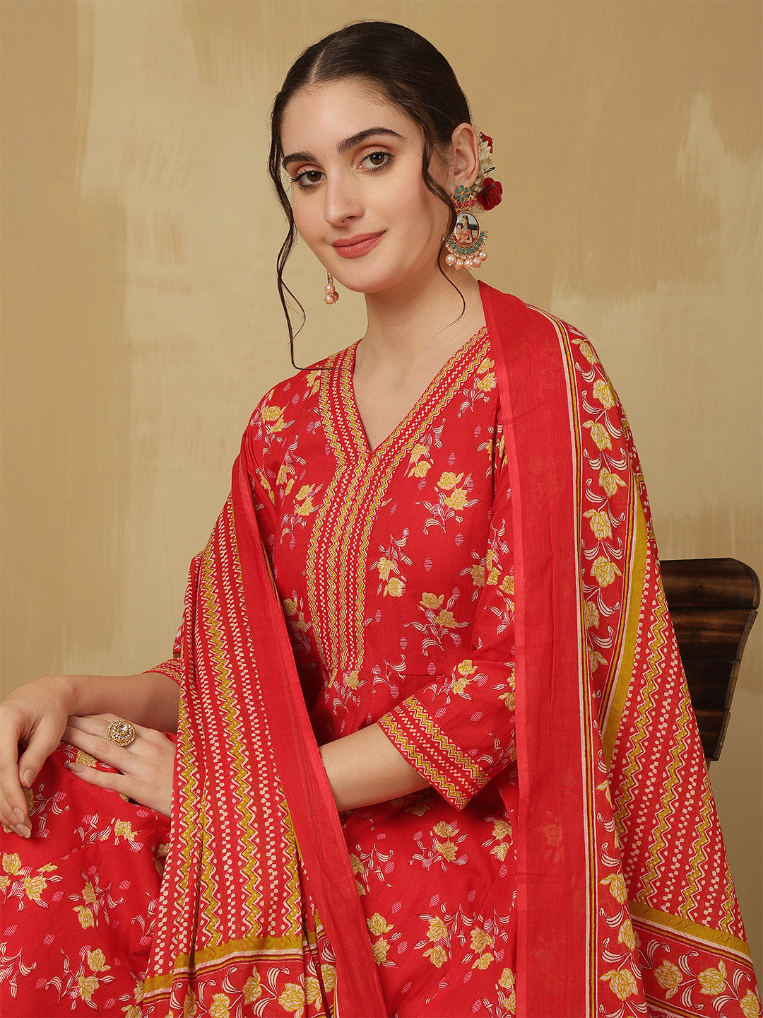 Women Cotton Printed Ankle Length V-Neck Anarkali Kurta, Palazzo With Dupatta Set