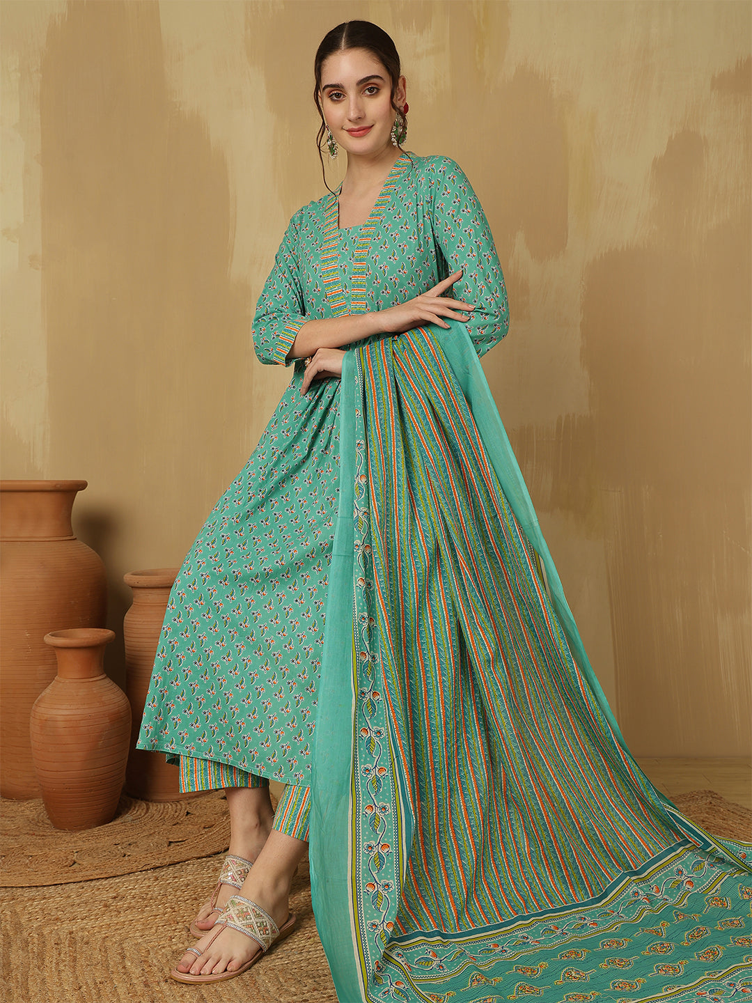 Women Cotton Printed Ankle Length V-Neck Anarkali Kurta, Palazzo With Dupatta Set