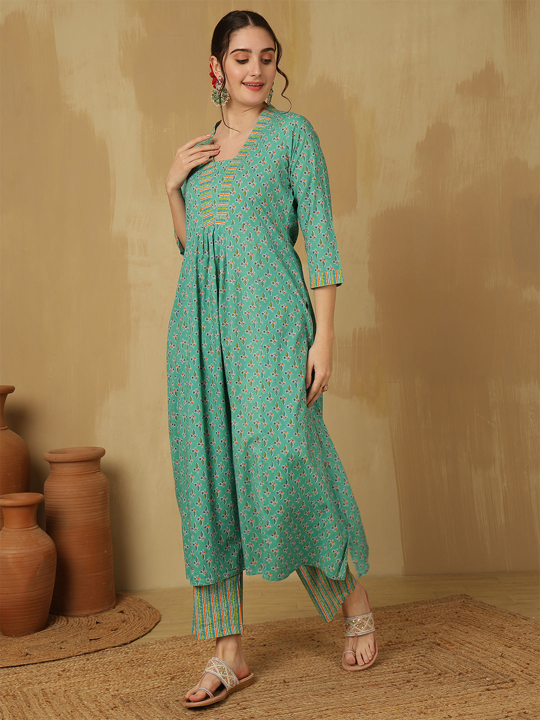 Women Cotton Printed Ankle Length V-Neck Anarkali Kurta, Palazzo With Dupatta Set