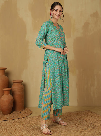 Women Cotton Printed Ankle Length V-Neck Anarkali Kurta, Palazzo With Dupatta Set