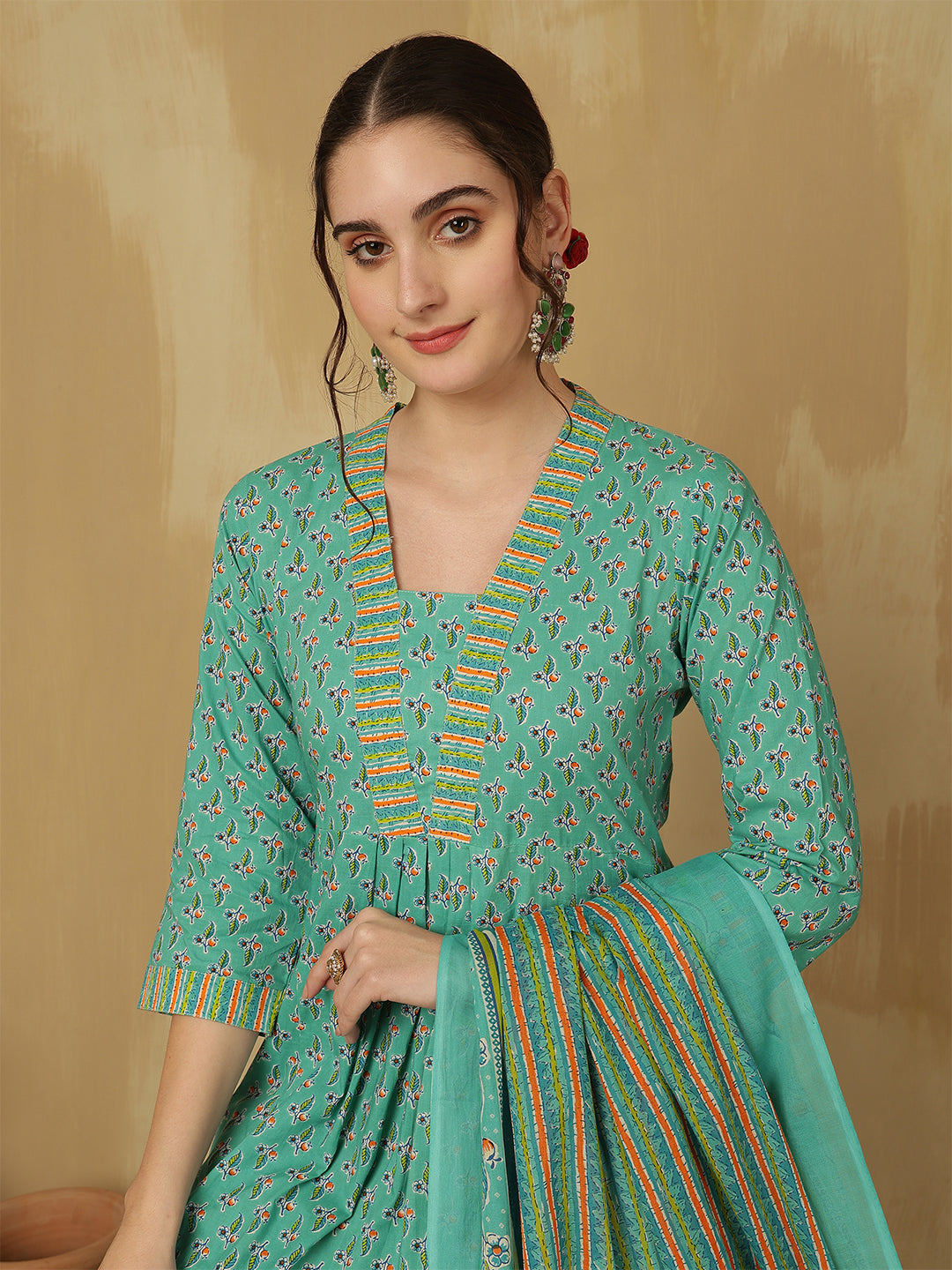 Women Cotton Printed Ankle Length V-Neck Anarkali Kurta, Palazzo With Dupatta Set