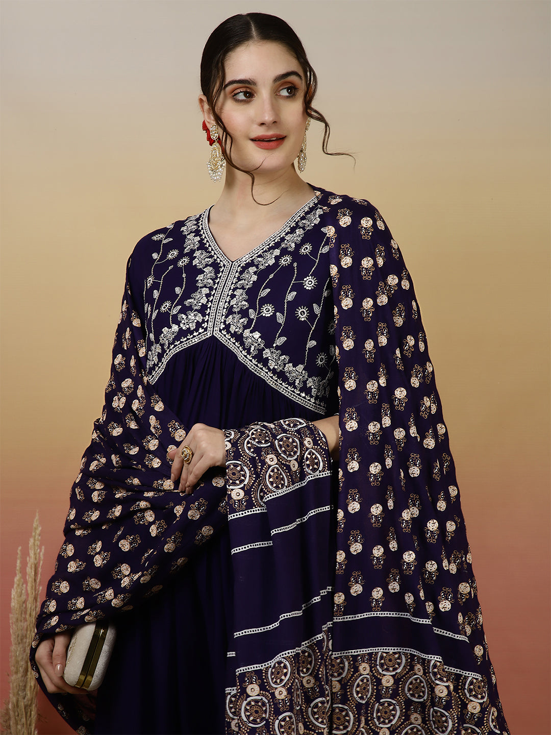 Women Embroidered Cotton Ankle Length V-Neck Anarkali Kurta, Palazzo With Dupatta Set