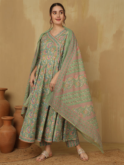 Women Cotton Printed Ankle Length V-Neck Anarkali Kurta, Palazzo With Dupatta Set