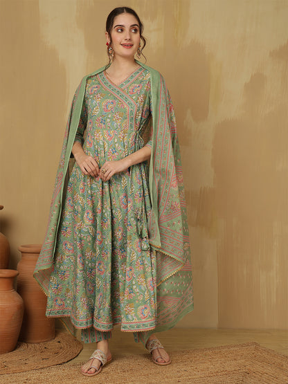 Women Cotton Printed Ankle Length V-Neck Anarkali Kurta, Palazzo With Dupatta Set