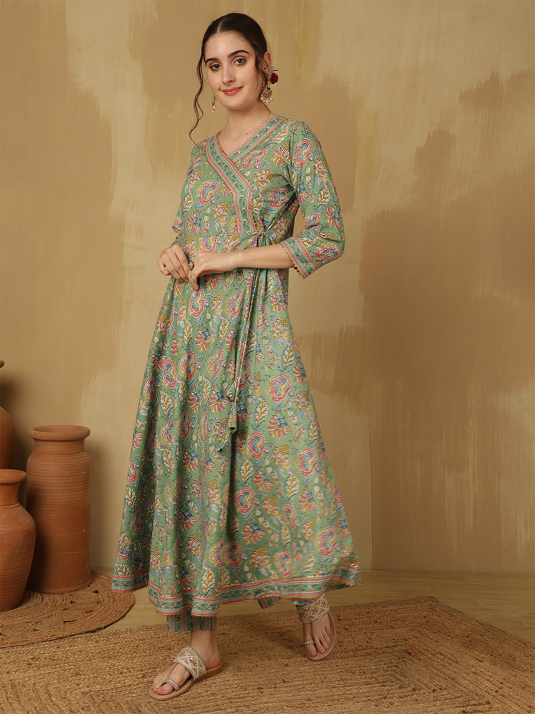 Women Cotton Printed Ankle Length V-Neck Anarkali Kurta, Palazzo With Dupatta Set