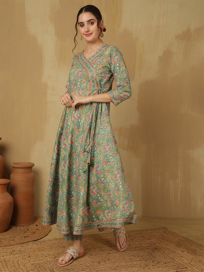 Women Cotton Printed Ankle Length V-Neck Anarkali Kurta, Palazzo With Dupatta Set