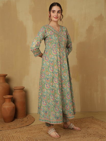 Women Cotton Printed Ankle Length V-Neck Anarkali Kurta, Palazzo With Dupatta Set