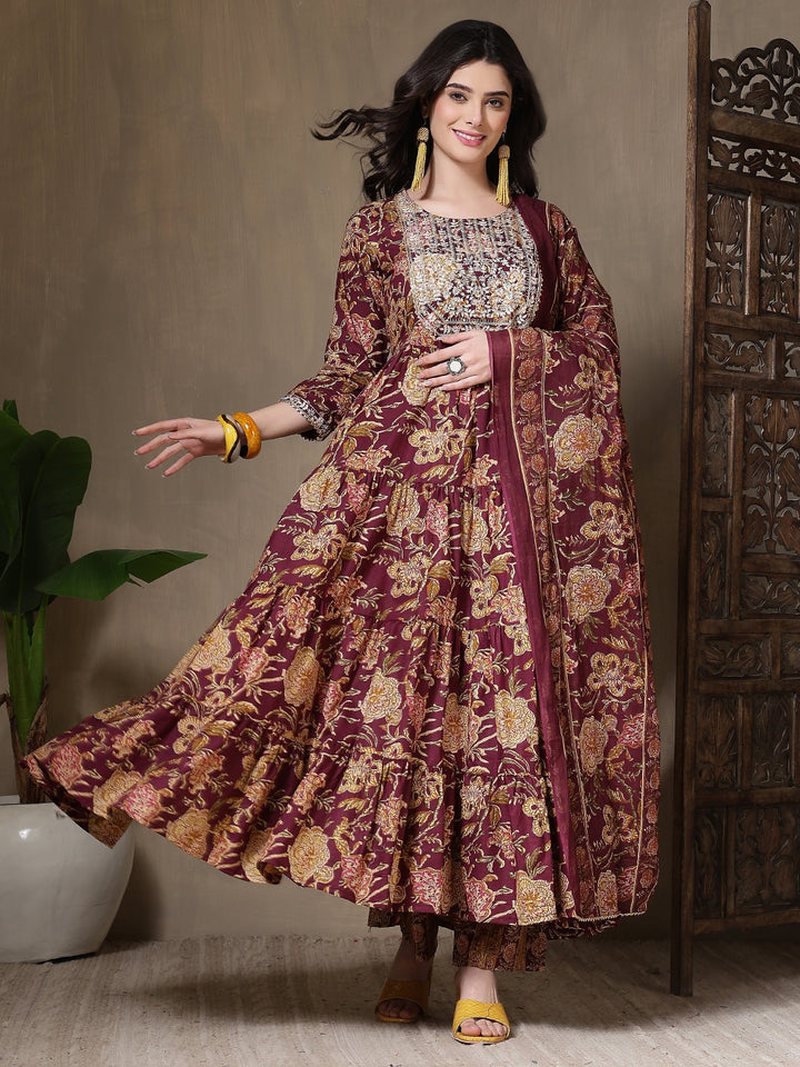 Cotton Printed Embroidered Calf Length Round Neck Anarkali Kurta, Palazzo With Dupatta Set