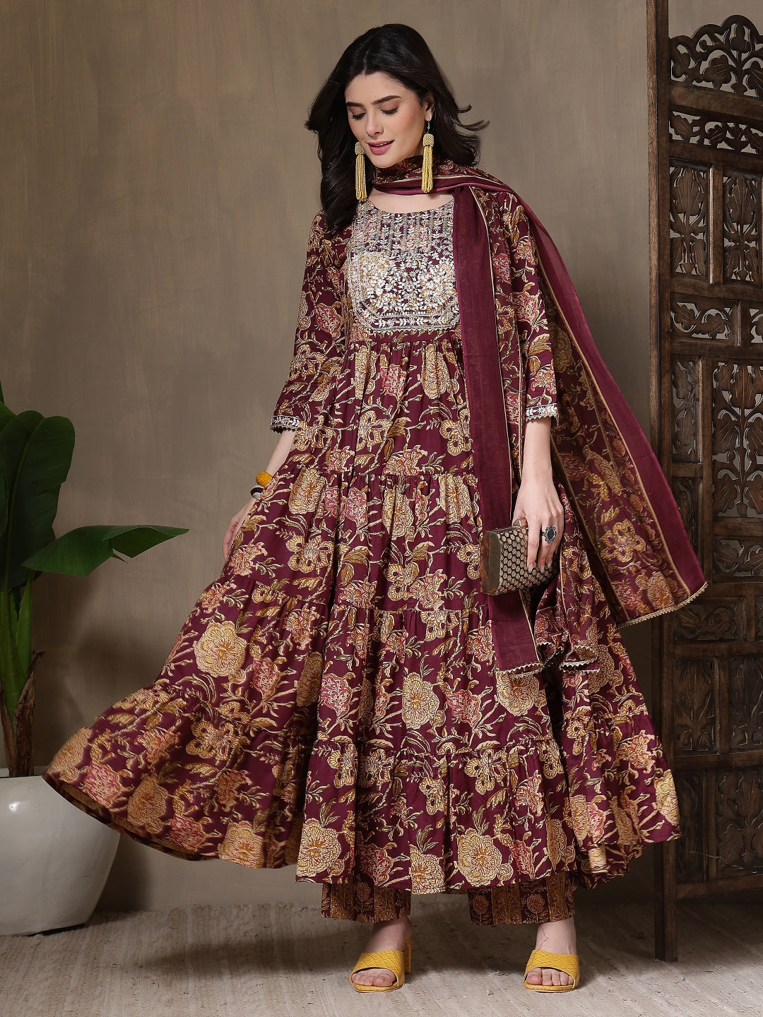 Cotton Printed Embroidered Calf Length Round Neck Anarkali Kurta, Palazzo With Dupatta Set