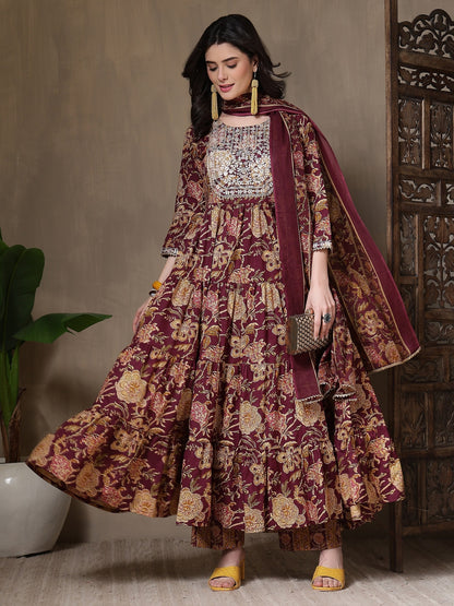 Cotton Printed Embroidered Calf Length Round Neck Anarkali Kurta, Palazzo With Dupatta Set