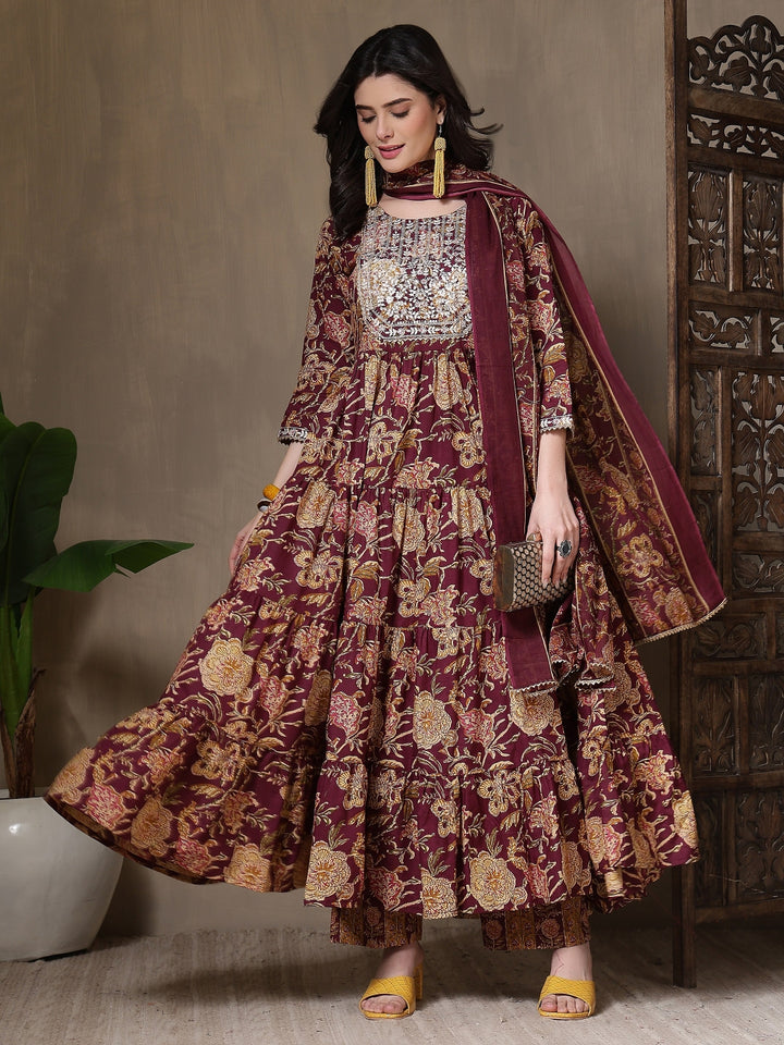 Cotton Printed Embroidered Calf Length Round Neck Anarkali Kurta, Palazzo With Dupatta Set