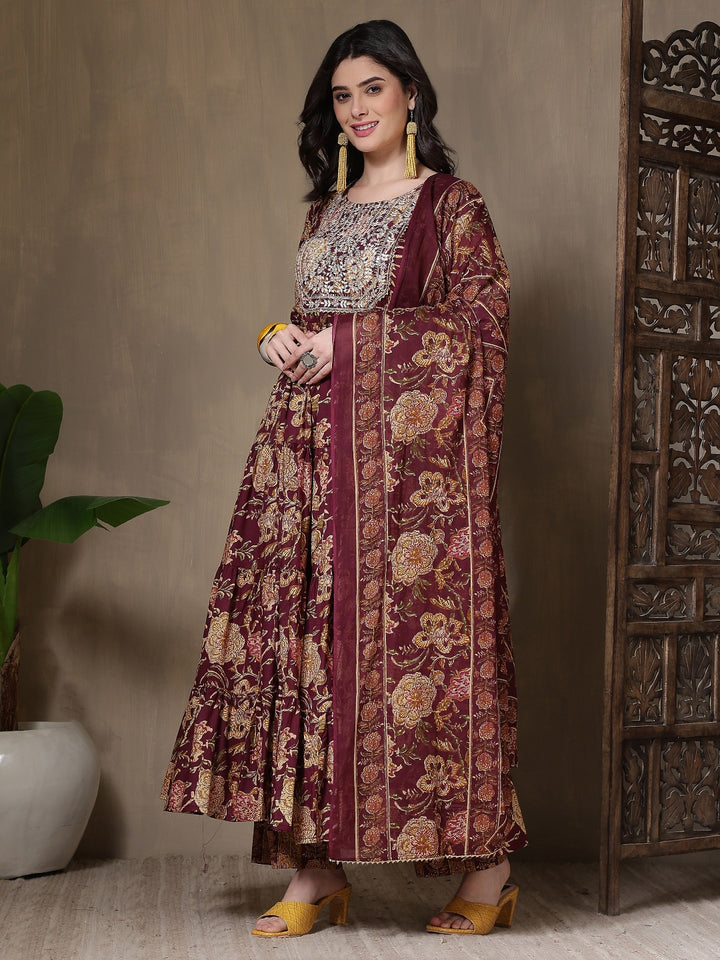 Cotton Printed Embroidered Calf Length Round Neck Anarkali Kurta, Palazzo With Dupatta Set