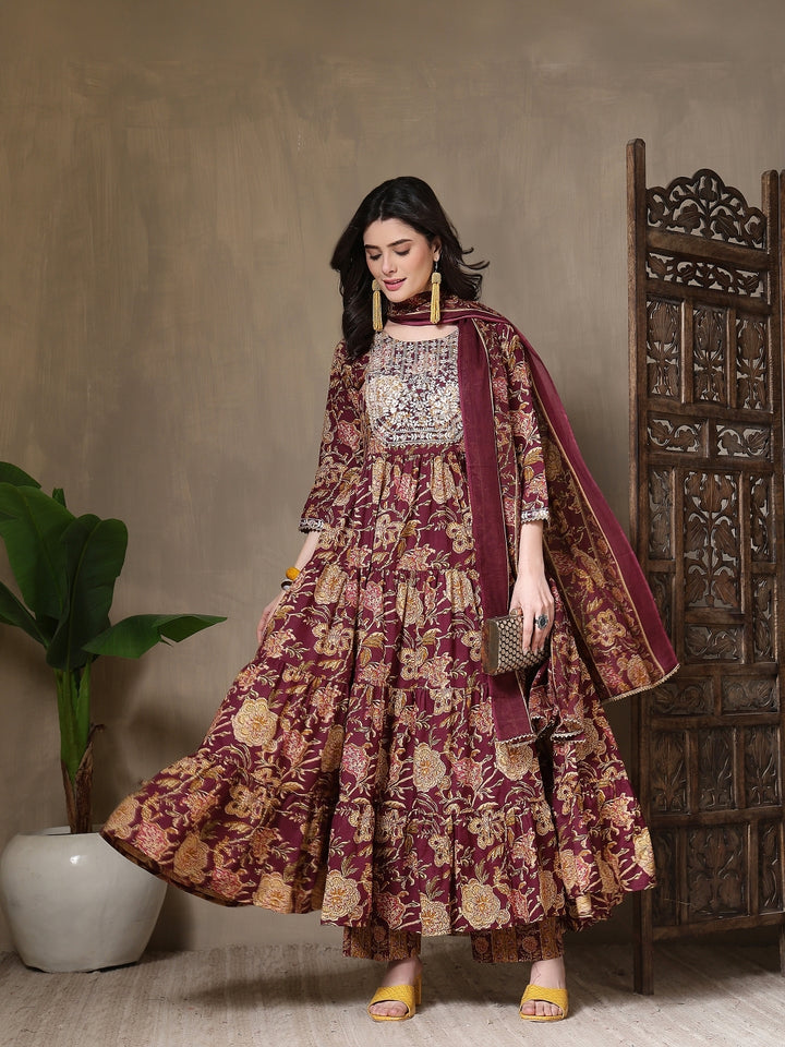 Cotton Printed Embroidered Calf Length Round Neck Anarkali Kurta, Palazzo With Dupatta Set