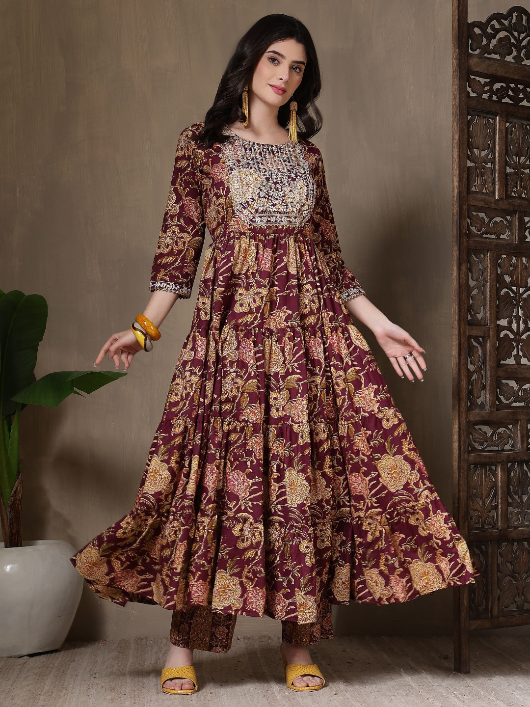 Cotton Printed Embroidered Calf Length Round Neck Anarkali Kurta, Palazzo With Dupatta Set