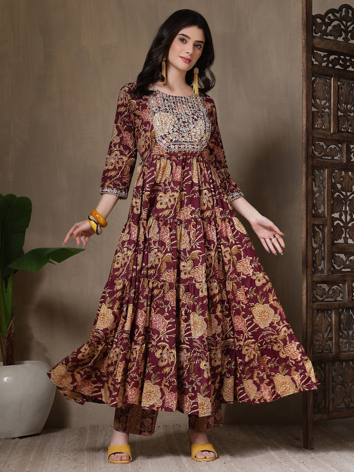 Cotton Printed Embroidered Calf Length Round Neck Anarkali Kurta, Palazzo With Dupatta Set