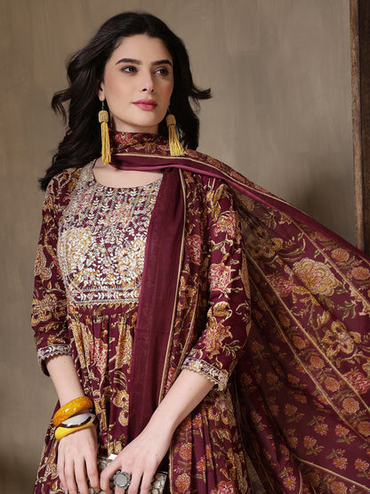 Cotton Printed Embroidered Calf Length Round Neck Anarkali Kurta, Palazzo With Dupatta Set
