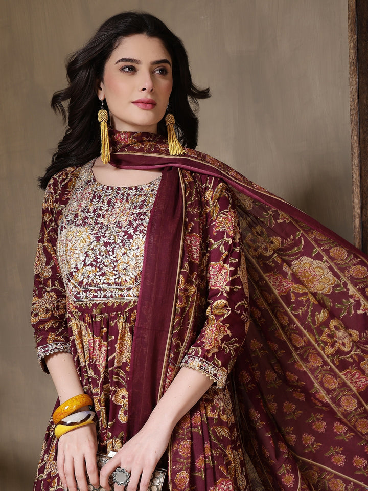 Cotton Printed Embroidered Calf Length Round Neck Anarkali Kurta, Palazzo With Dupatta Set