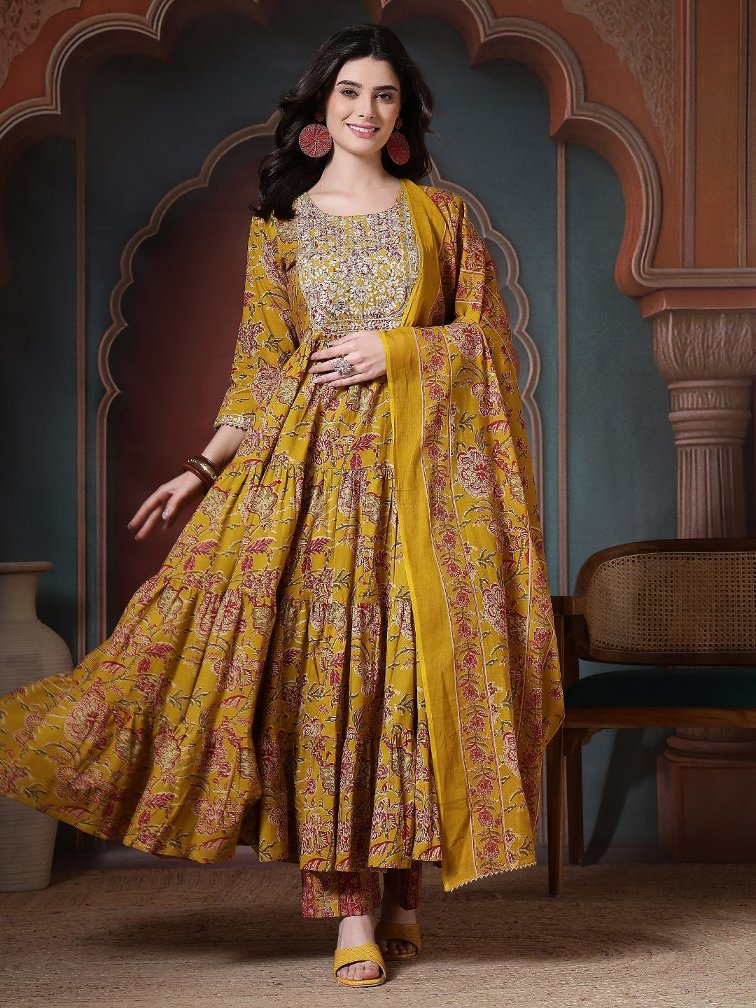 Cotton Printed Embroidered Calf Length Round Neck Anarkali Kurta, Palazzo With Dupatta Set