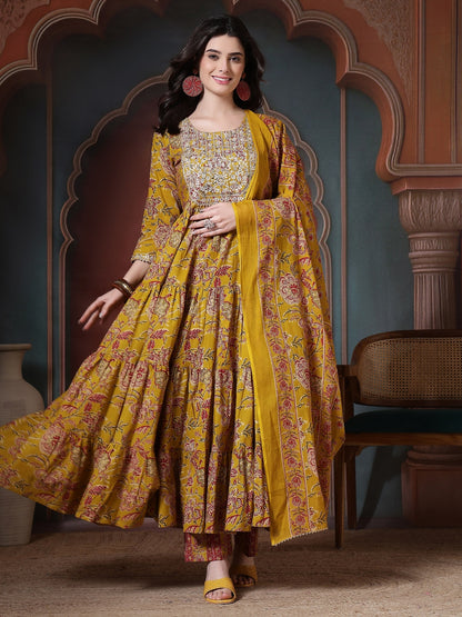 Cotton Printed Embroidered Calf Length Round Neck Anarkali Kurta, Palazzo With Dupatta Set