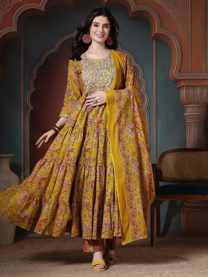 Cotton Printed Embroidered Calf Length Round Neck Anarkali Kurta, Palazzo With Dupatta Set