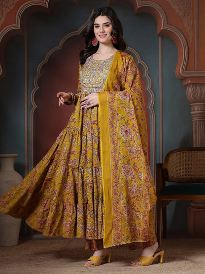 Cotton Printed Embroidered Calf Length Round Neck Anarkali Kurta, Palazzo With Dupatta Set