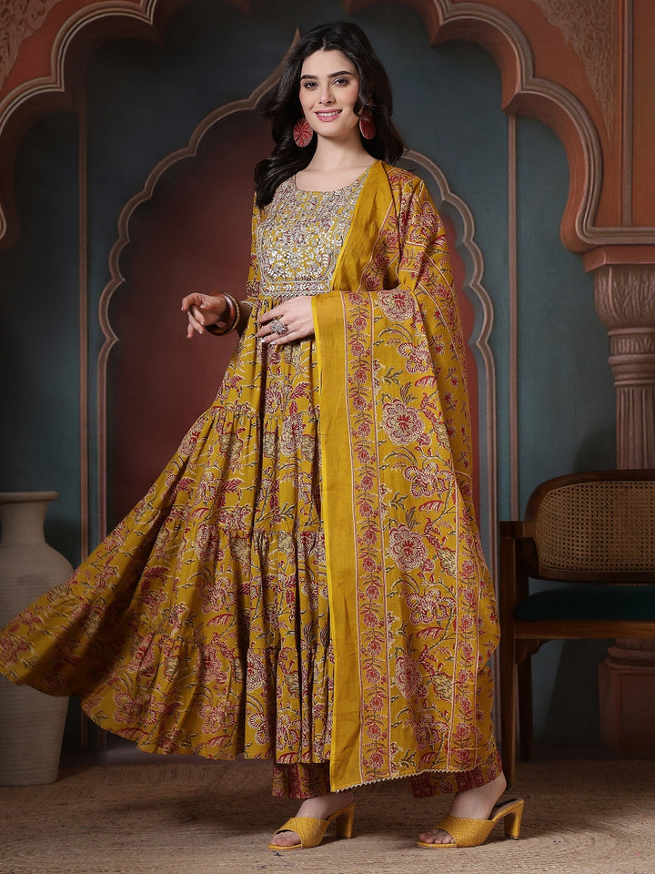 Cotton Printed Embroidered Calf Length Round Neck Anarkali Kurta, Palazzo With Dupatta Set