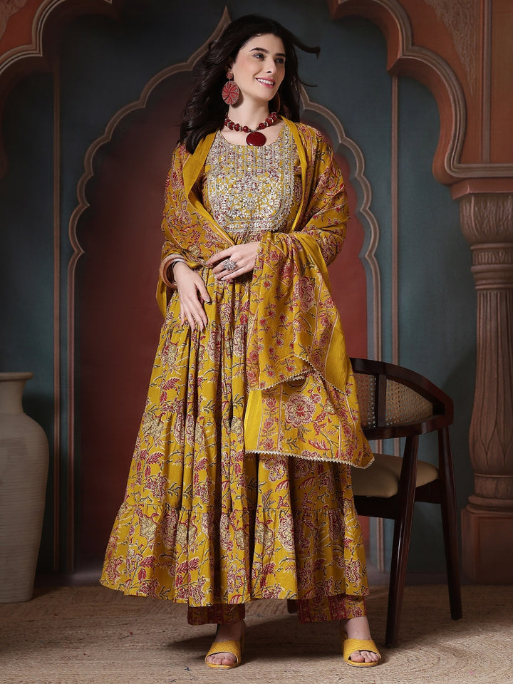 Cotton Printed Embroidered Calf Length Round Neck Anarkali Kurta, Palazzo With Dupatta Set