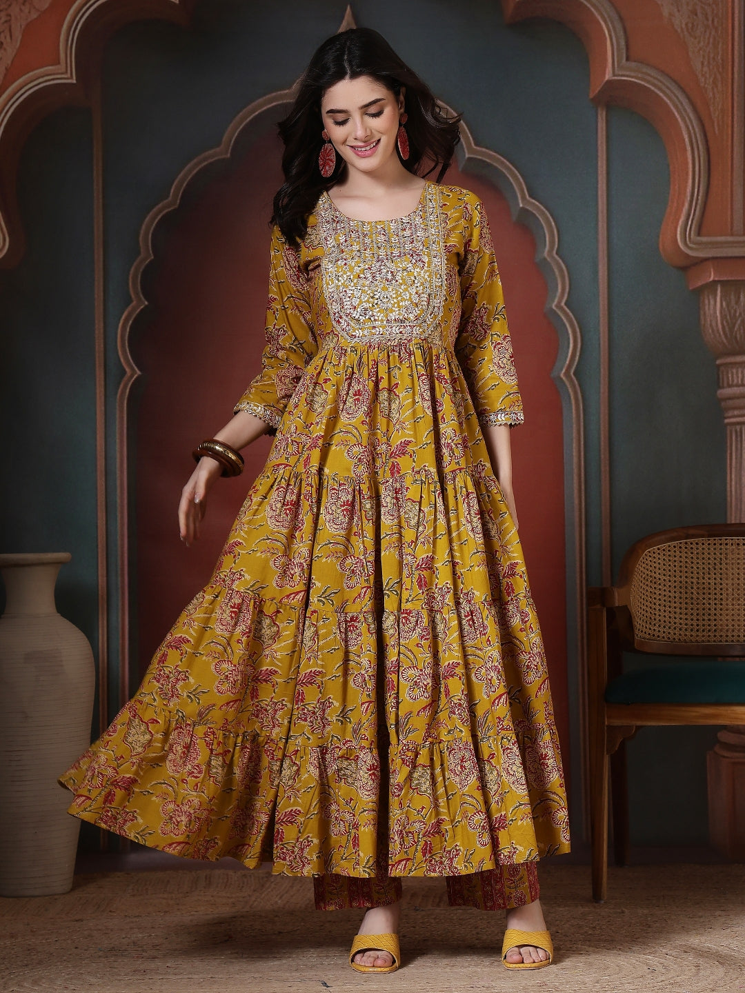Cotton Printed Embroidered Calf Length Round Neck Anarkali Kurta, Palazzo With Dupatta Set